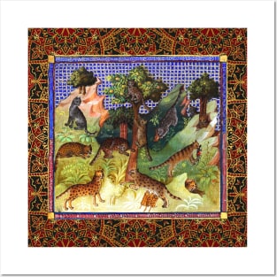 BOOK OF HUNTING ,WILD CATS, LEOPARDS IN WOODLAND GREENERY Medieval Miniature Posters and Art